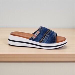 ERSAX, Zip Denim Slide Sandals, Size 39, Blue, White